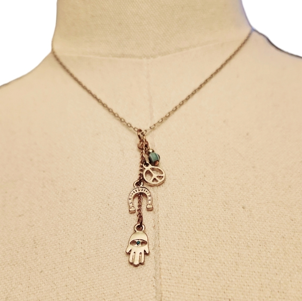 Hamsa Hand Evil Eye Horseshoe Peace Sign Necklace - Picture 12 of 14